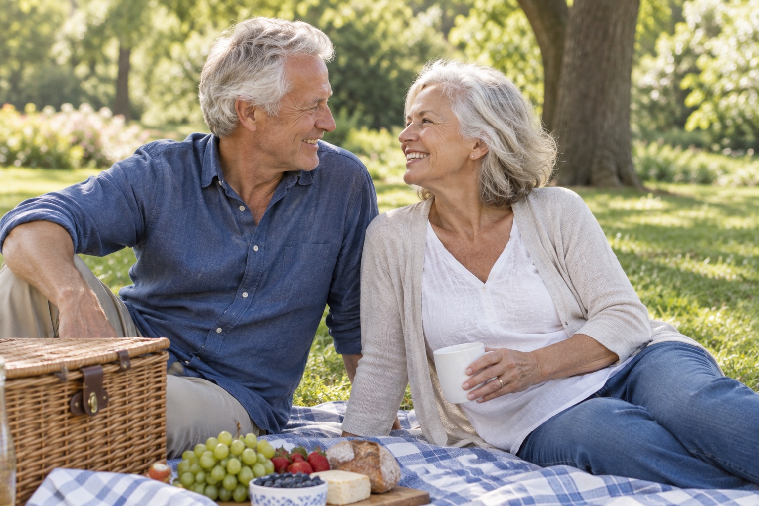An older couple laughing together over a picnic in a sunny park.