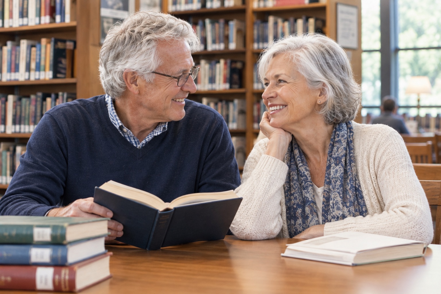 An older couple smiling at each other across a table of books in a library.
